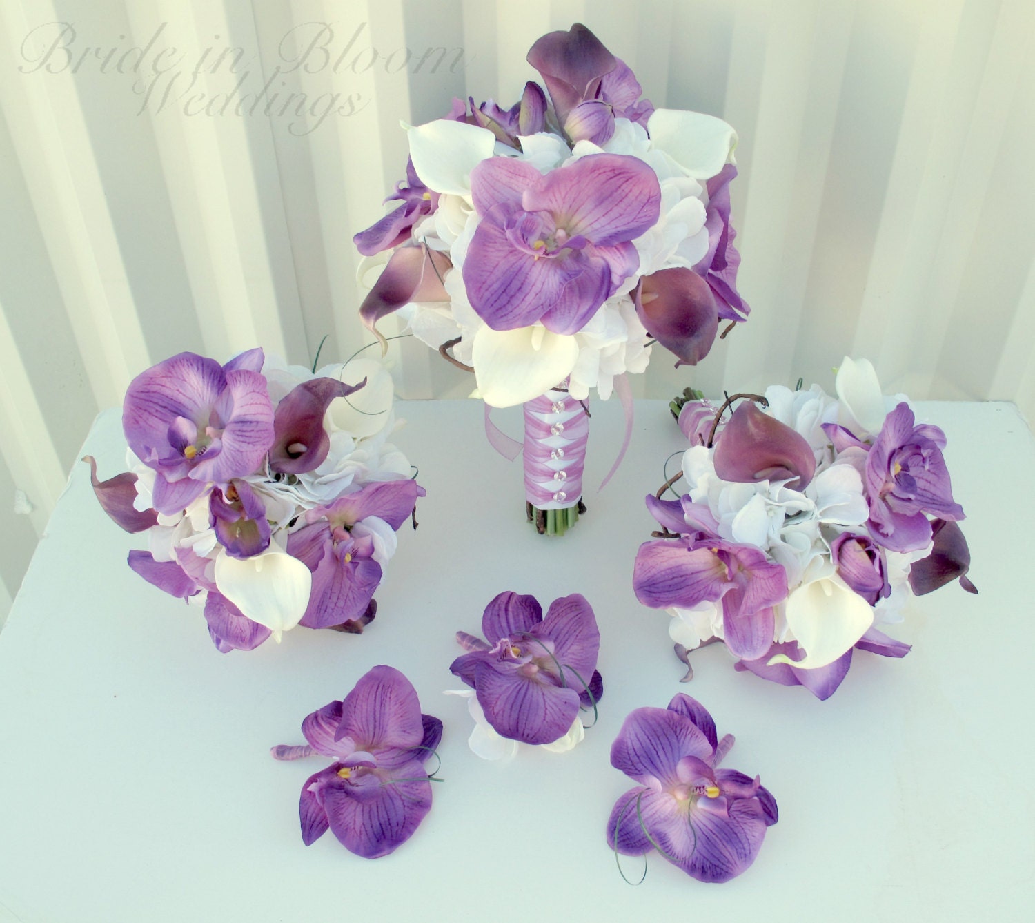 6 Piece Wedding Bouquet Set Lavender White Calla Lily Orchid 5126