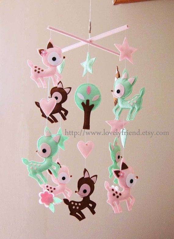 Baby Mobile - Nursery Mobile - Long Decorative Hearts crib Mobile - "Deers Love Hearts" Mobile - Crib Mobile (Custom Color Available)