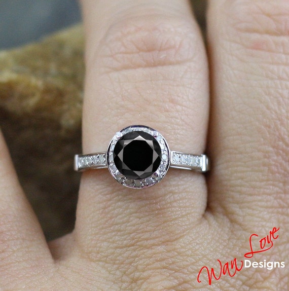 Black & White Diamond Halo Engagement Ring 1ct 6mm 14k 18k White ...