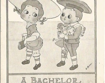 Antique 1911 Postcard Cute Artist Signed H Horina Big Eyed Children "A Bachelor doesn't know..."