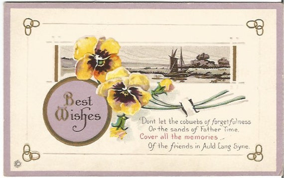 Antique Postcard Pansy Flowers Sailboat Scene "Best Wishes" "Dont let the cobwebs of forgetfulness or the sands of father time.." 1910s