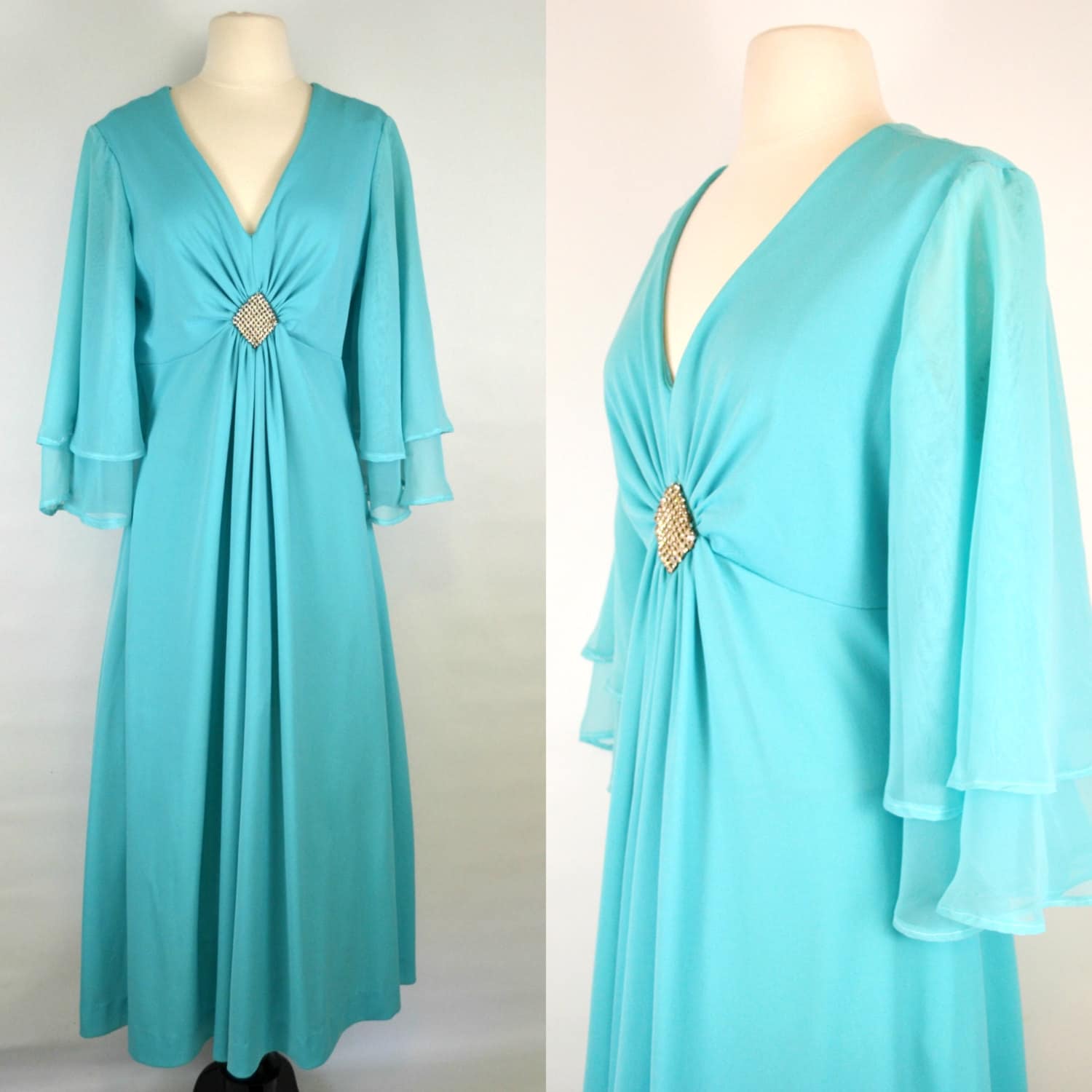 1970s Aqua Blue Empire Waist Maxi Dress with Rhinestones