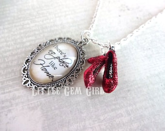 Wizard of Oz Necklace - Ruby Red Slippers Oz Quote - There's No Place Like Home Charm - Super Red Sparkle Shoes
