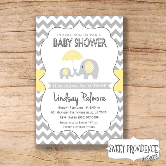 Elephant Baby Shower Invitation / Yellow Grey Elephant Baby