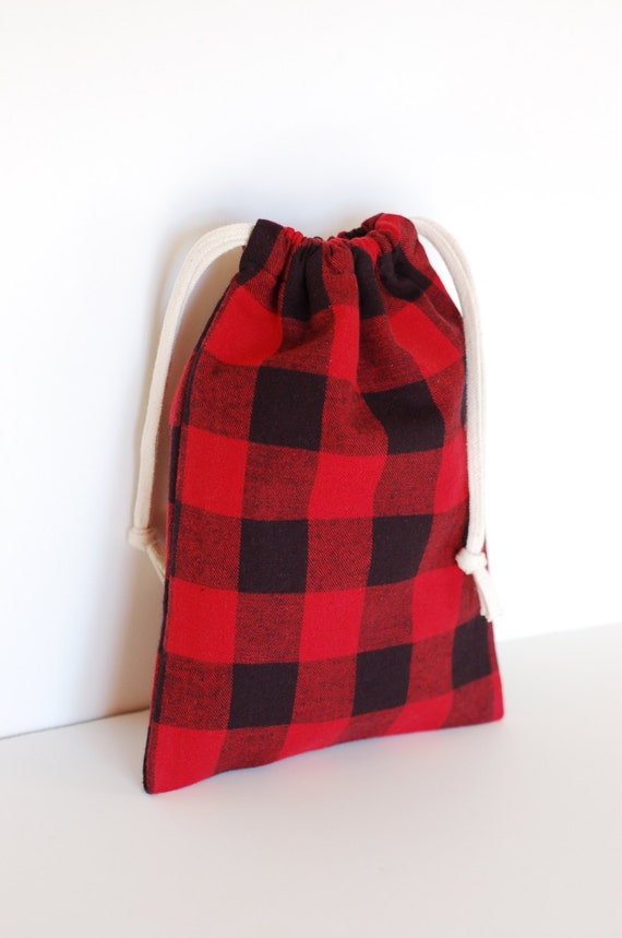 Black & Red Plaid Flannel Drawstring Bag 11 x 8