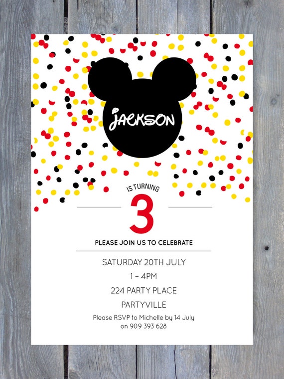 MICKEY Mouse Invitation for Birthday Party - Confetti Style - Black, Red, Yellow - Printable file 7x5 - Print Your Own Il_570xn