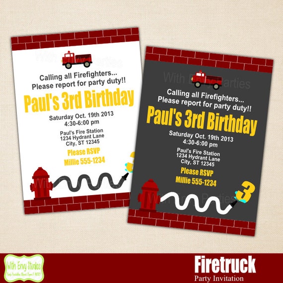 Fireman Printable Birthday Party Invitation, Firetruck Birthday Party Invitation, Firefighter Invitation Il_570xn