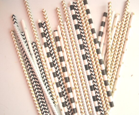 Gold and Black Paper Straws // Black Silver and Gold // Glitz and glamour Party favors // Wedding Inspire // Drinking Straws // Cake Pops Il_570xn