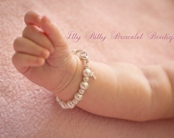 Sterling Silver Cross Baptism Gift, Baby Keepsake Bracelet, Christening Communion Gift White Pearl Baby Bracelet -- FREE Gift Packaging