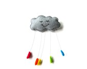 Grey Rain Cloud Felt Brooch with Rainbow Raindrops Sleepy Contented Cloud Brooch