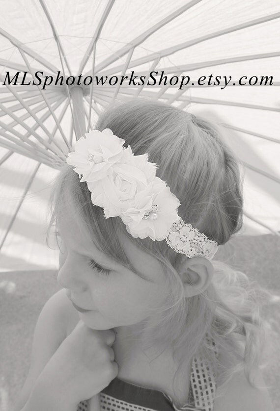 White Chiffon & Lace Flower Headband for Baby Girl Wedding