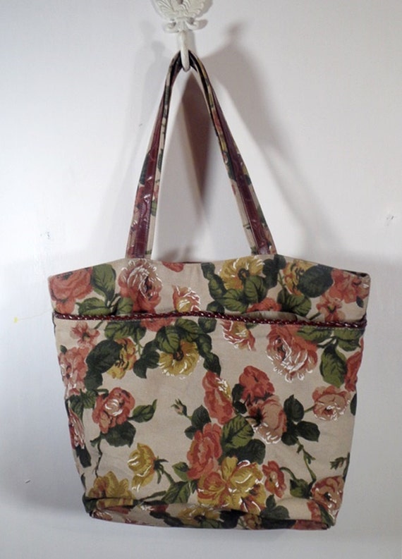 Vintage J G Hook Floral Tote Bag Roses Leather Large Canvas