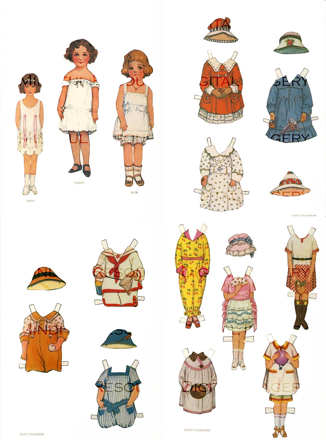 Art Deco Children Paper Dolls Vintage 7 Dolls w/ 24 Costumes