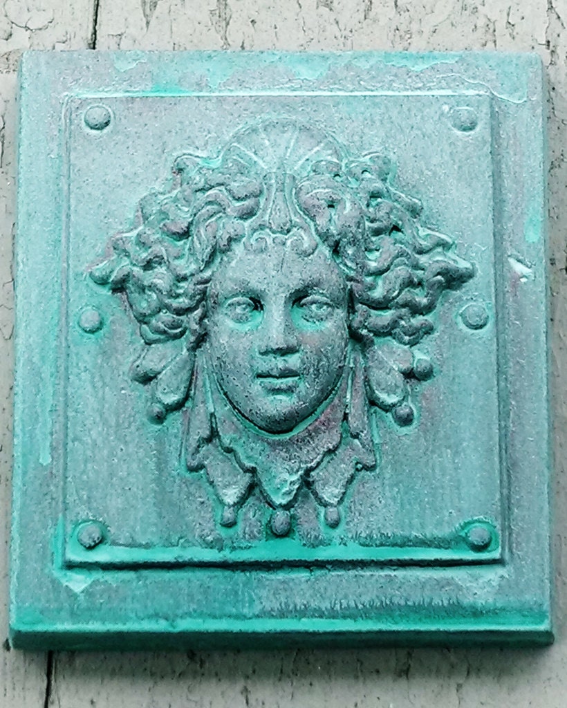 Luna in a Verdigris finish,  classical architectural bronze detail, womens face, reproduction of victorian paperweight, Cast Shadows Studio