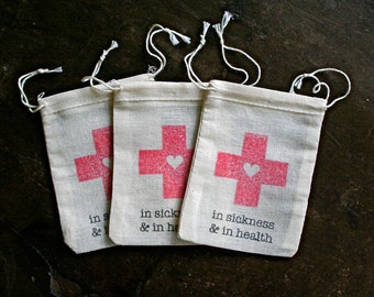 Wedding favor bags, DIY Hangover Kit bags. In sickness and in health. Bachelor or Bachelorette party favor, hotel welcome bag.
