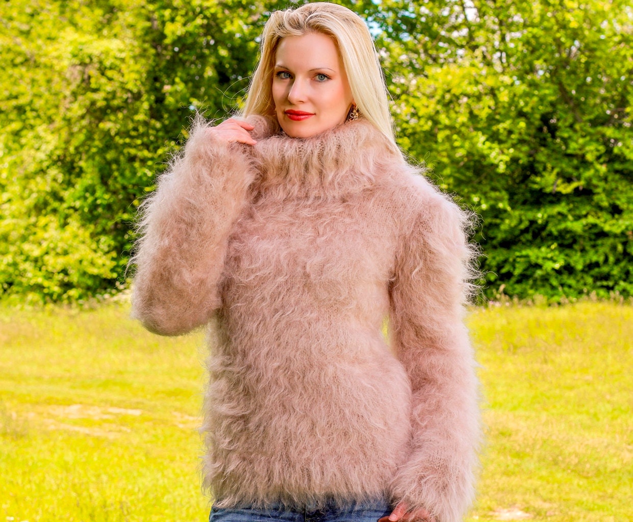 Super fluffy hand knitted mohair sweater in light beige by
