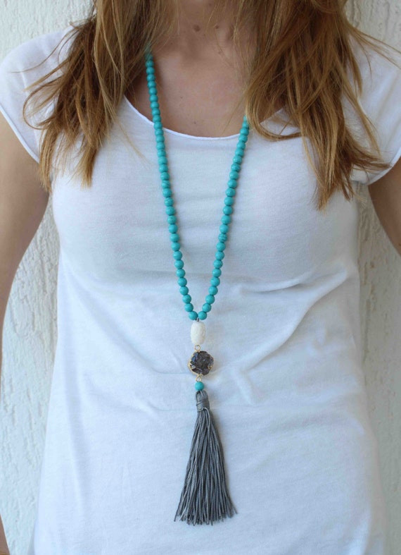 Turquoise Tassel Necklace. Semiprecious long beaded necklace.