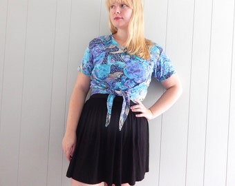 SEAPUNK Fish Print Tie Waist Crop Top Shirt Tshirt T-shirt 90s Blue Purple Abstract 1990s Blouse Tumblr Hipster Beach Sea Punk (S)