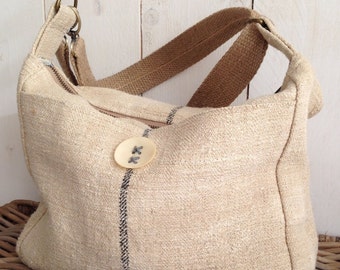 Antique linen grain sack tote bag / shoulder bag with burlap strap