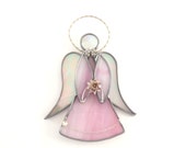 Pink Stained Glass Angel with Wispy White Wings - Handmade - OOAK