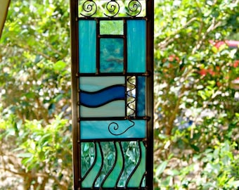 Stained Glass Water Element Stained Glass River Scene Nature Art Glass Panel Abstract Art Decorative Art Home Decor