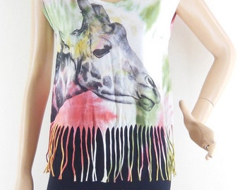 Giraffe Tank Top Graphic tee Funny Tee cool tee shirt Dyed Fabrics Fashion Print Women Crop Top Giraffe T-Shirt Screen Print Size M