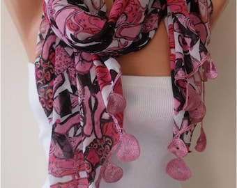 Floral Chiffon Scarf with Lace Edge - Gift