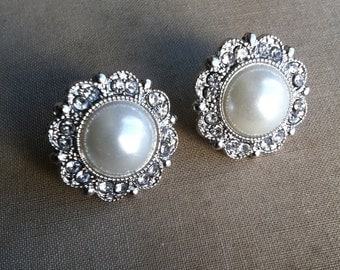 Bridesmaid earring, bridesmaid jewelry, Bridal Pearl earring ivory vintage rhinestone stud post FILIGREE SILVER wholesale