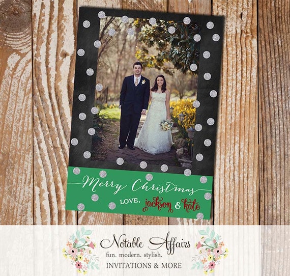 Chalkboard and Green - Merry Christmas Silver polka Dots Holiday Christmas Card - 1 photo Il_570xn