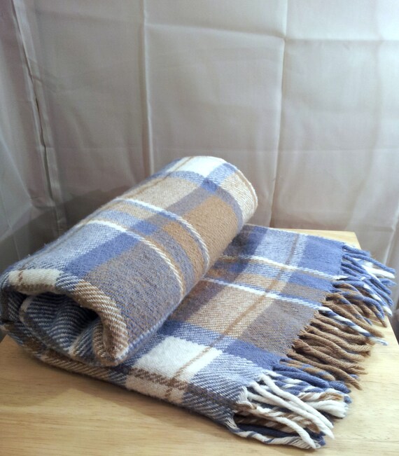 Vintage Wool Blanket Blue/Brown Plaid Gingham by Kittenspaws