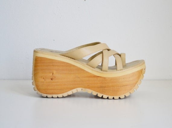 90s STRAPPY wooden heel mega platform sandals by BrownCowVintage