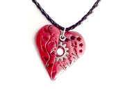 Red Steampunk Heart Necklace Mended Heart Pendant polymer clay Handmade Gift
