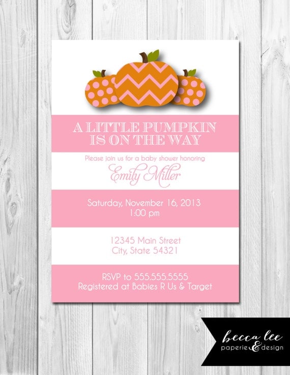 Little Pumpkin Baby Shower Invitation - Large Pink Stripes - DIY ...