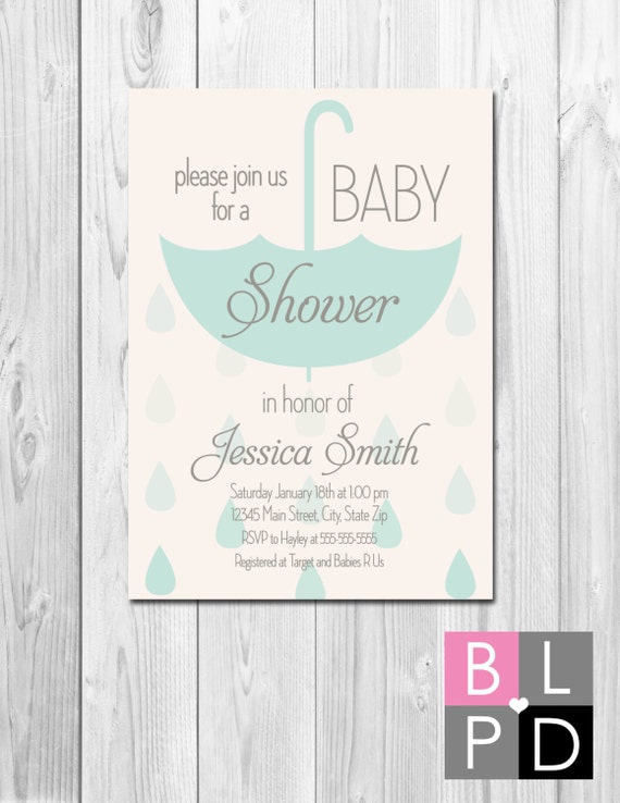 Hanging Umbrella Baby Shower Invitation - Faded Raindrops - Blue Green and Grey - DIY - Printable Il_570xn