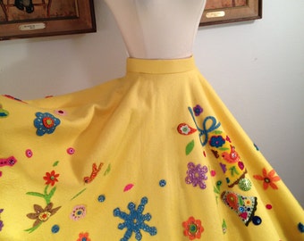 1950s Novelty Felt Circle Skirt--Birds, Flowers, Bells