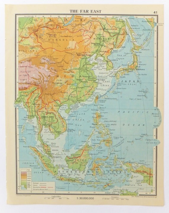 Vintage Far East Map OR China Map 1948 Map by PeonyandThistlePaper