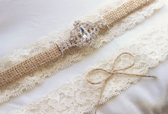 Burlap And Lace Garter W Diamond Rhinestone Bling Western