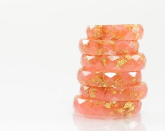 Resin Ring - Coral Faceted Eco Resin Ring with Gold Flakes