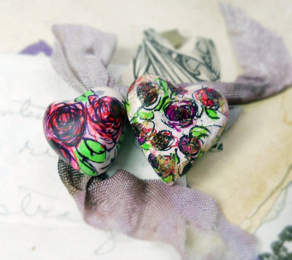 Illustrated Paper Clay Beads - 2 Rustic Embellished Floral Heart Beads - Hand Drawn Flowers - Chunky Primitive - Hand Drawn Pink and Black