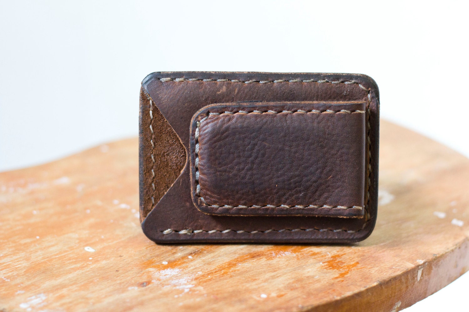 Handmade Leather Wallet magnetic money clip Brown leather