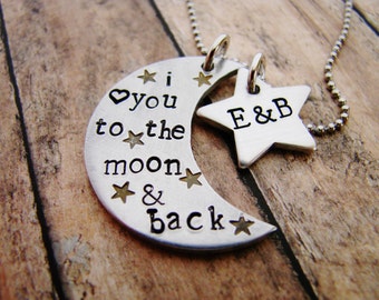 I love you to the moon and back- hand stamped necklace- personalized necklace- custom jewelry- moon and stars- guess how much i love you