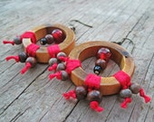 Bamboo earrings - Earthy jewelry - Upcycled, recycled, repurposed - Natural bamboo - Beaded Hoop Earrings - Tribal Earrings - Bright Red