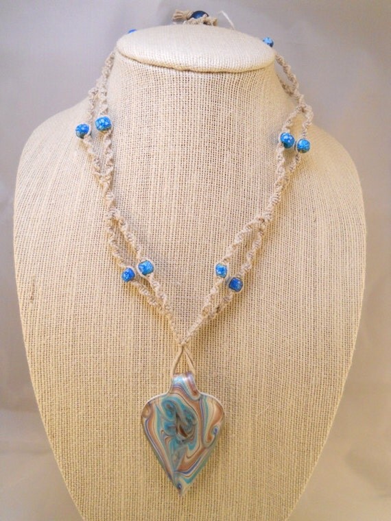 Natural Hemp Necklace w/ Blue Glass Beads & Blue/Lavender