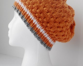 Hand knit orange hat, orange eyelet slouch, orange tam hat