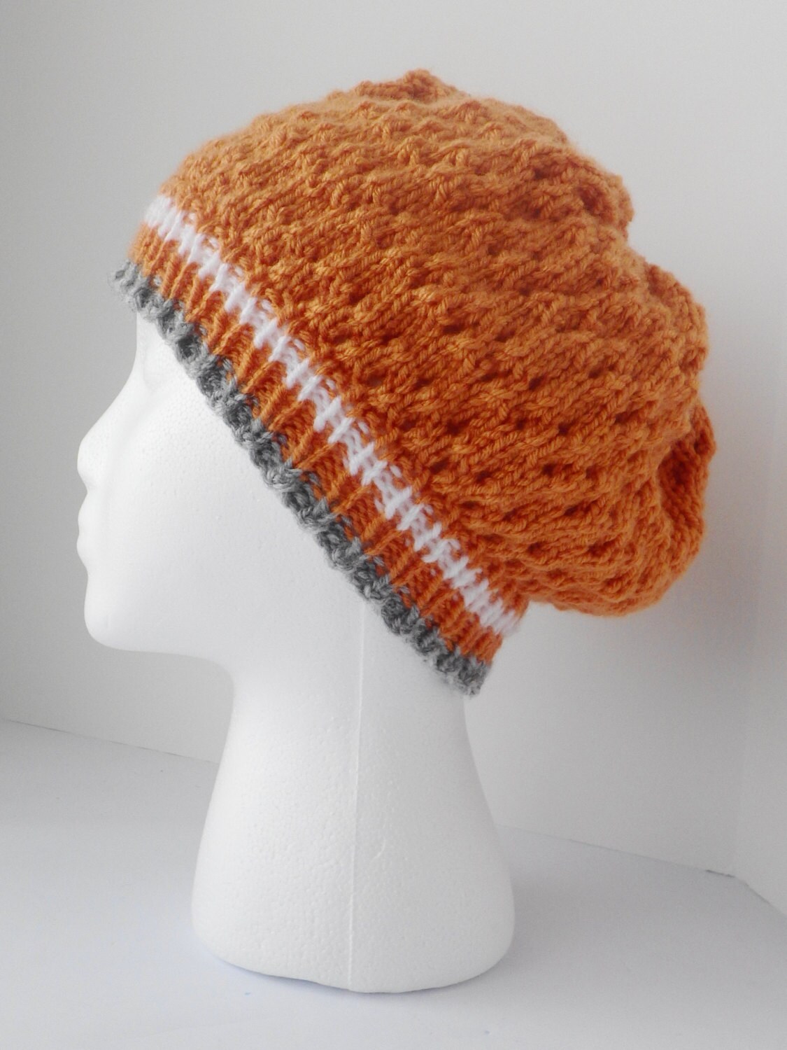 Hand knit orange hat orange eyelet slouch orange tam hat