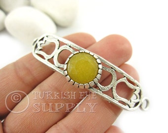Dark Yellow Jade Gemstone Curved Bar Bracelet Focal Connector, Tulip Fretworked Antique Silver Plated Turkish Jewelry