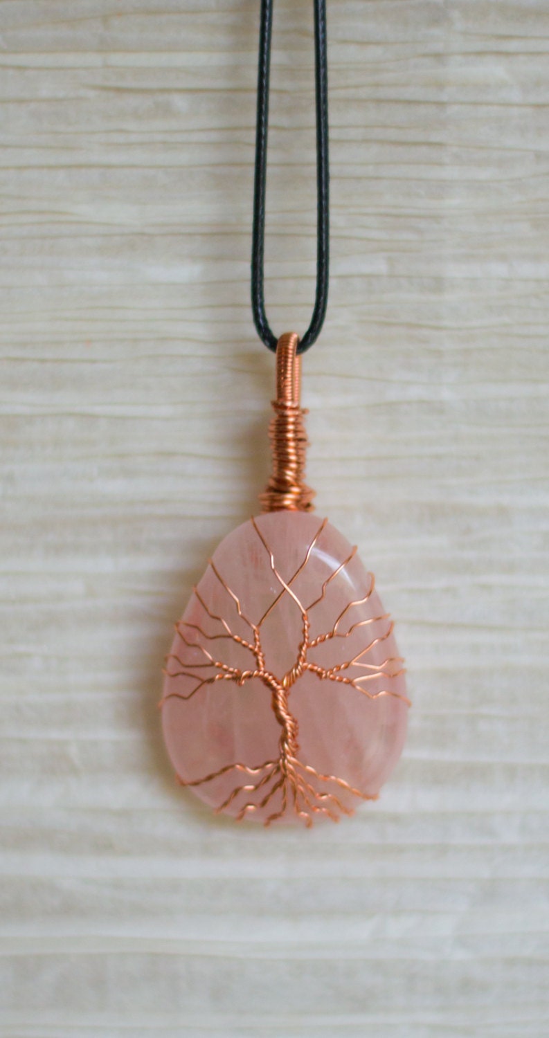 Tree of Life wire wrapped Pink Quartz stone pendant Necklace