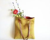 Felted Wool Tote Bag, Green and Pink Hand Tote Bag, Handfelted Tote Bag, Leather Wool Tote Bag, Wool Handfeltetd Tote Bag, Mustard and Pink