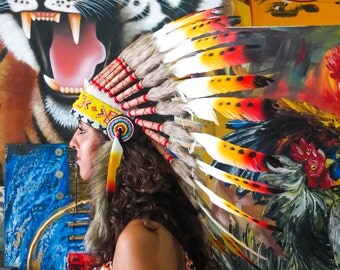 The Original - Real Feather Rasta Chief Indian Headdress Replica 65cm, Native American Style Costume Hand Made War Bonnet Hat