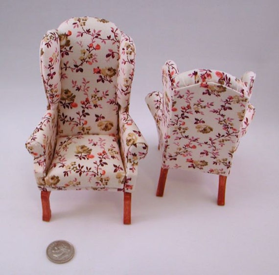 Wingback chair Queen Anne style plum & yellow roses floral